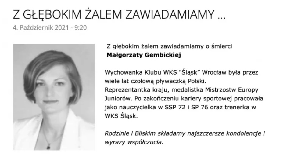 Małgorzata Gembicka nie żyje, o jej śmierci poinformował PZP, polska pływaczka miała zaledwie  36 lat, jej śmierć to  szok