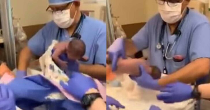 Na nagraniu widać jak lekarz tuż po urodzinach dziecka, upuszcza noworodka, który leci prosto na główkę. Nie obyło się bez konsekwencji.